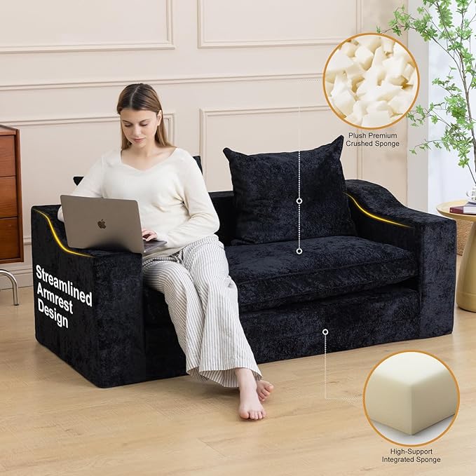 61" Convertible Sofa Bed Loveseat, Memory Foam Boneless Floor Couch with Removable Plush Velvet Cover, Tri-folding Compact Full-size Sleeper for Small Living Room, Playroom, Guest Room, RV (Black) | Convertible Sofa Bed, Premium Memory Foam, Ergonomic ...