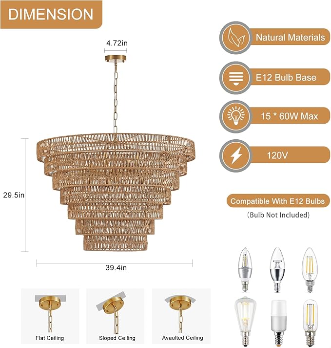 Hand-Woven Rattan Chandelier Vintage Farmhouse 15-Lights Boho Bamboo Large Chandeliers Light Fixture 7-Tier Drum Wicker Chandelier for Dining Room, Living Room, Kitchen, E12