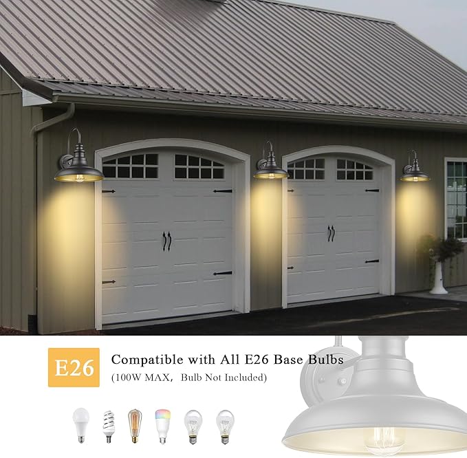 Dusk to Dawn Sensor Outdoor Barn Light Fixture, 12.3 Inch Dome Outdoor Wall Sconce Farmhouse Wall Mount Lights Exterior Light Fixture Black Finish Industrial Wall Lantern for Porch, 1Pack