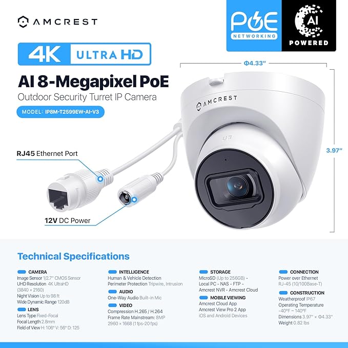 Amcrest Pack of 2, UltraHD 4K (8MP) Outdoor Security IP Turret PoE Camera, 3840x2160, 98ft NightVision, 125° FOV, IP67, MicroSD Recording (256GB), White (2PACK-IP8M-T2599EW-AI-V3)