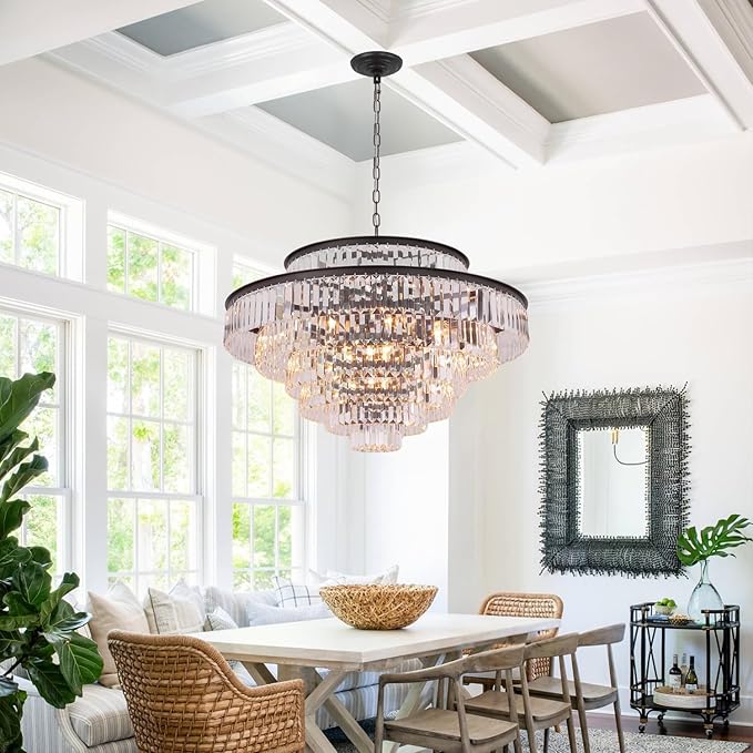 Large Crystal Chandelier Modern Luxury Pendant Ceiling Lights Fixture Hanging Raindrop Pendant Light Fixture for Dining Room Bedroom Living Room -Brown, 39 Inch