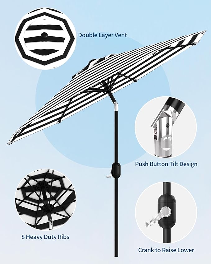 GarveeLife 9 ft Outdoor Patio Umbrella, Table Market Umbrella with Push Button Tilt and Crank, 8 Sturdy Ribs UV Protection Waterproof for Garden, Deck, Pool (Black-and-white striped)
