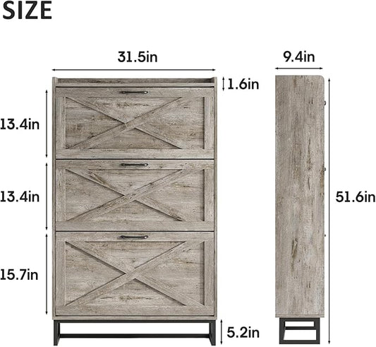 Maupvit Shoe Storage Cabinet with 3 Flip Drawers, Freestanding Organizer with Metal Legs for Entryway, Narrow Shoe Rack Cabinet, Light Rustic Oak