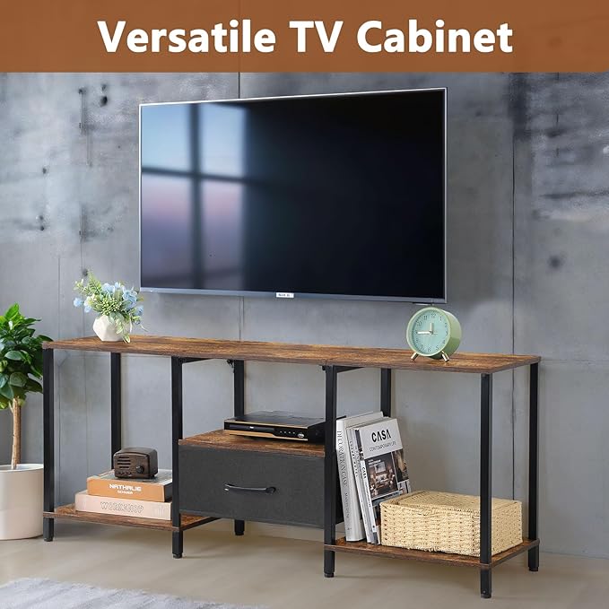 PINPON 46" TV Stand with Manual LED Lights & Fabric Drawer, 3-Tier Storage Media Console for 55" TV, Adjustable Feet, Rustic Brown Entertainment Center for Living Room/Bedroom