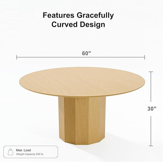 Casaphoria 60" Round Dining Table, Modern Wood Kitchen Table with Cylinder Polygonal Base for Living Room & Dining Room, Easy Assembly Farmhouse Furniture for 4-6, Oak