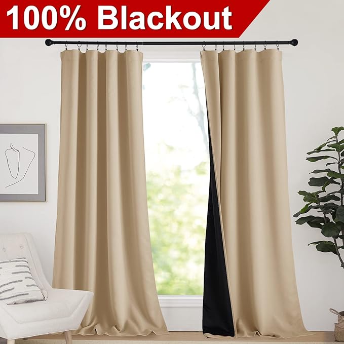 NICETOWN Thermal Insulated 100% Blackout Curtains, Rod Pocket Noise Reducing Drapes with Black Lining, Full Light Blocking Drapery Panels for Patio (Biscotti Beige, 1 Pair, 52-inch x 95 inches)