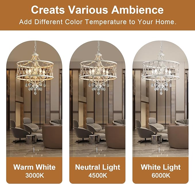 Modern Crystal Chandelier, 5-Light Farmhouse White Chandelier for Dining Room Vintage Hanging Pendant Light Fixtures Round Chandelier for Kitchen Island Entryway Foyer Bedroom Office Bar