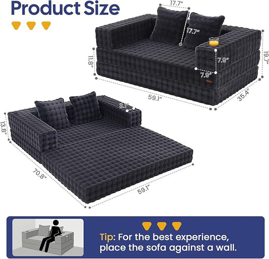 COMAX Futon Sofa Bed, 4‑in‑1 Convertible Sofa Bed, Folding Boneless Couches for Living Room, Fold Out Small Foldable Loveseat Floor Sleeper Comfy Mattress Lounge Space‑Saving, Ash Gray