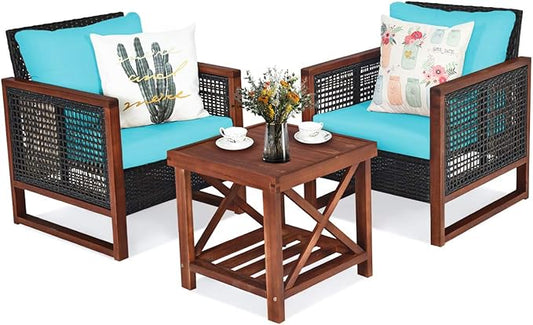 Tangkula 3 Pieces Patio Wicker Furniture Set, Rattan Outdoor Sofa Set w/Washable Cushion & Acacia Wood Coffee Table, Conversation Bistro Set for Garden Balcony Backyard (Turquoise)
