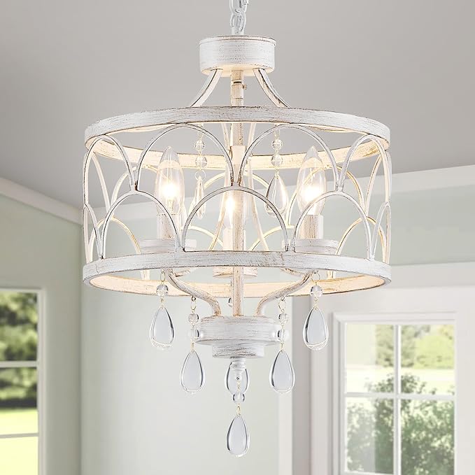 Small Crystal Chandelier, Modern Crystal Chandelier for Dining Room, Rustic Farmhouse White Round Ceiling Pendant Light Fixture for Living Room, Entryway, Hallway, Bedroom, Bathroom