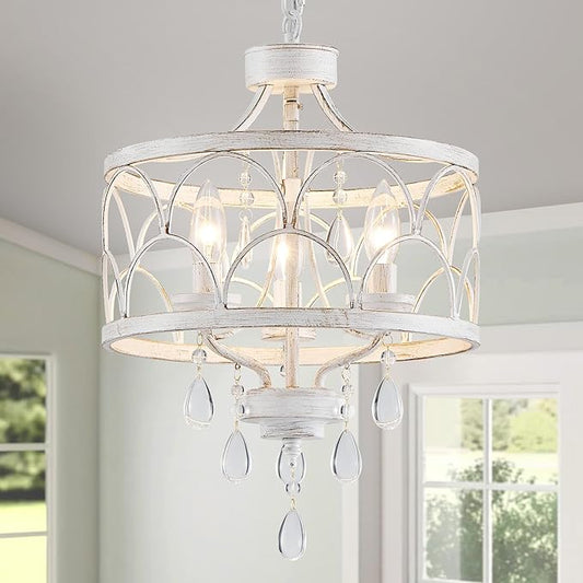 Small Crystal Chandelier, Modern Crystal Chandelier for Dining Room, Rustic Farmhouse White Round Ceiling Pendant Light Fixture for Living Room, Entryway, Hallway, Bedroom, Bathroom