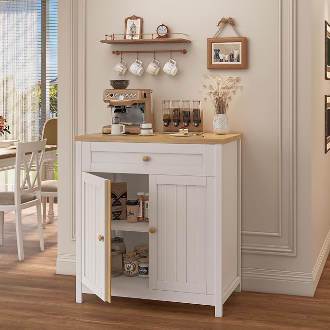 Storage Cabinet,Coffee Bar Cabinet, Kitchen Storage Cabinet, Modern Farmhouse Buffet Sideboard with Drawer, for Kitchen, Dining Room, Entryway（White）