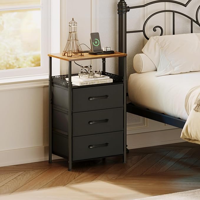 Nightstand Set of 2, Night Stands with Charging Station, 26.4 Inch Tall Bedside Table with Metal Shelf, Modern Side End Table with 3 Fabirc Drawers, Small Dresser for Bedroom, Rustic Brown