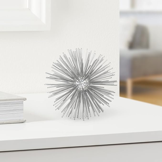 Torre & Tagus Spike Ball Silver Sphere Decor, Mid Century Modern Metal Silver Starburst for Home Decor On Shelf, Coffee Table, Wedding or Handmade Gift (4")
