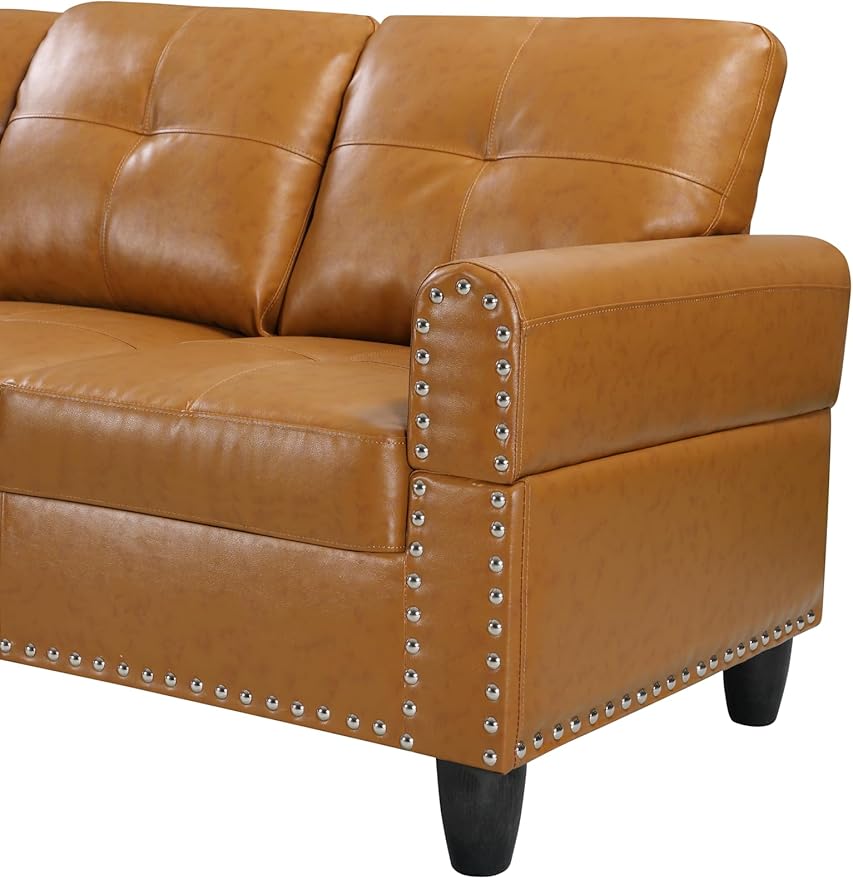 Favfurish 98" L Shaped Sectional Sofa Set with Storage Ottoman Reversible Back Cushion Cupholders,Faux Leather Upholstered Modular Couch for Living Room,Office,Home Furniture,Ginger
