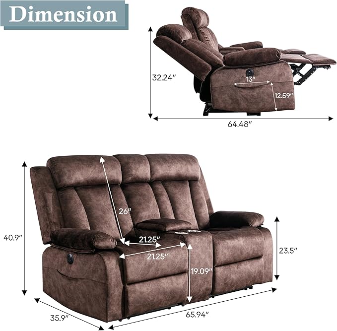GUEAPY Reclining Loveseat-Power Reclining Loveseat with Console,Double Recliner Loveseat with Heat and Massage,Electric Loveseat Recliner with Cup Holders,USB & Type-C Charge Ports for Living Room,RV