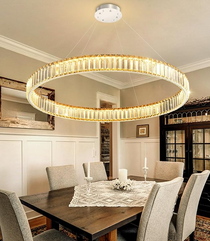 32'' Modern Ring Chandelier Crystal Chandeliers for Dining Room Round LED Dimmable Ceiling Light Fixture for Living Room Bedroom Lighting Silver