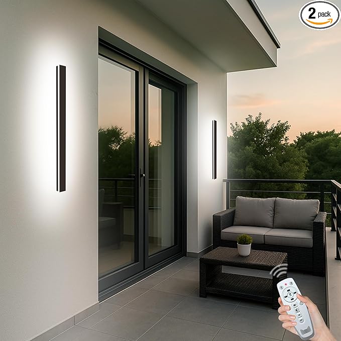 Outdoor Wall Lights Set of 2, 47.24 Inch Waterproof Linear Led Modern Wall Sconce, 2700-6500K Dimmable Selectable Exterior Lights with Remote Dimming Lighting Fixture Acrylic Anti Rust
