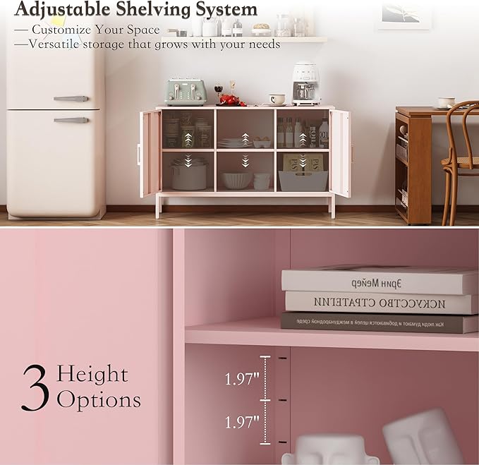 Accent Cabinet with 2 Door and Shelves TV Stand Metal Kids Locker Storage Cabinet Multipurpose Buffet Sideboard for Living Room, Kitchen, Bedroom, Dining Room, Entryway (Pink, H29.53'')