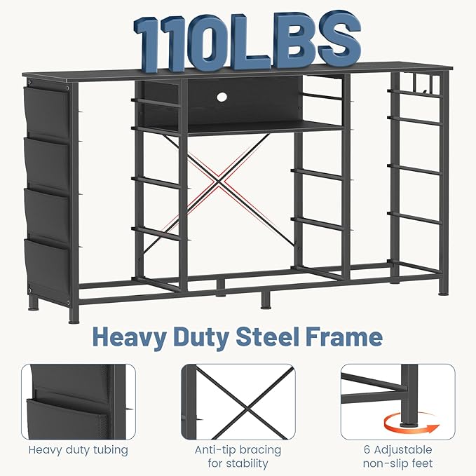 HCHQHS Dresser for Bedroom with 13 Drawers, 47 Inch Fabric Dresser with Remote Control Lights, Side Pockets & Hooks for Closet or Large TV Stand (Black)