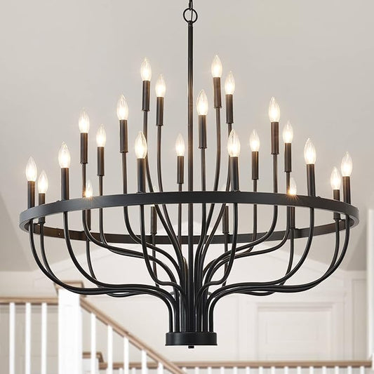 HHR 40-Inch Farmhouse Foyer Chandelier Entryway High Ceiling 24-Light, Candle Chandelier Light Fixtures Modern Black Chandeliers for Dining Room Bedroom Hallway Kitchen Living Room