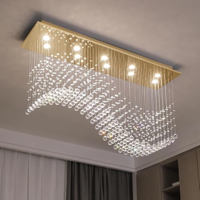 Siljoy 10-Lights Modern Crystal Chandeliers, Luxury Wave Raindrop Crystal Pedant Light Fixture, Rectangular Flush Mount Ceiling Light for Dining Room Living Room Kitchen Island 47 Inch