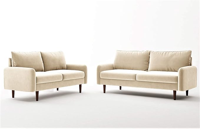 Container Furniture Direct Americus Velvet Upholstered Sofa and Loveseat Set, Couches for Living Room with Luxurious Mid Century Modern Design and Wooden Base, 2 Piece, Beige