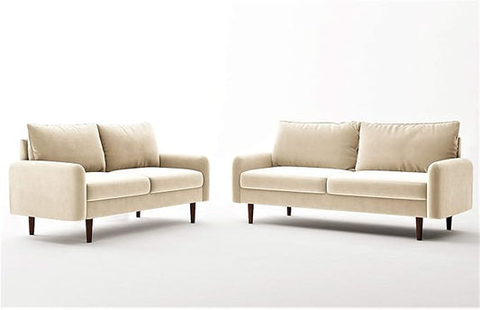 Container Furniture Direct Americus Velvet Upholstered Sofa and Loveseat Set, Couches for Living Room with Luxurious Mid Century Modern Design and Wooden Base, 2 Piece, Beige