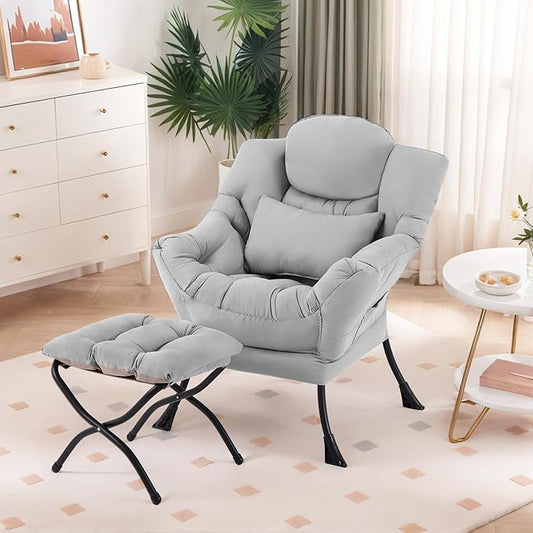 Lazy Chair with Ottoman, Modern Lounge Chair with Lumbar Pillow, Accent Cozy Reading Armchair and Folding Footstool for Bedroom, Dorm, Living Room,Light Grey