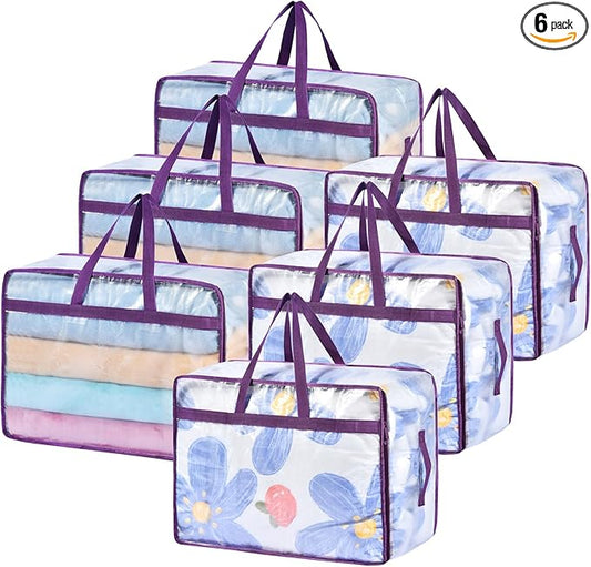 20 Gallon Large Clear Blanket Storage Bags for Bedding with Zipper Handles, 76L Oversized Comforter Storage Bag King Size, Folding Plastic Bedding Storage for Clothes, Bed Sheet, Pillow, Toys, 6Pack