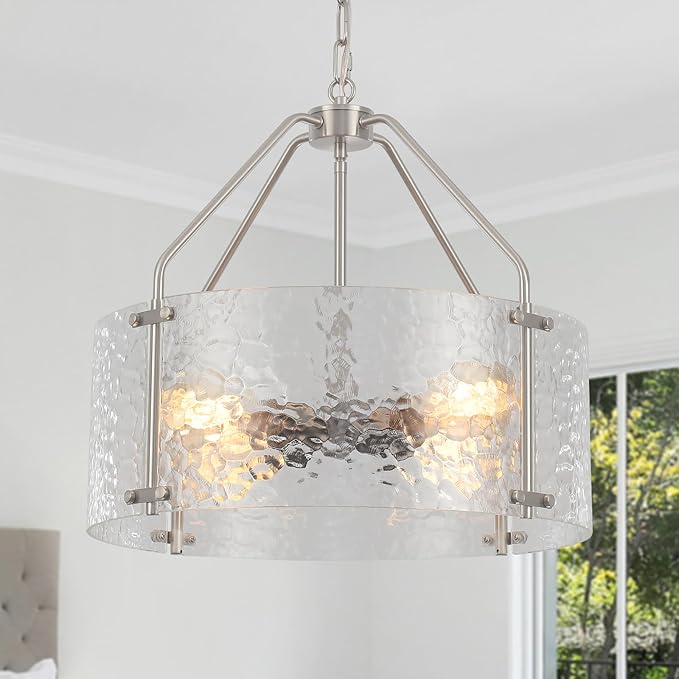 Glass Drum Chandelier for Dining Room 18'' Brushed Nickel Entryway Light Fixture 4-Light Kitchen Chandeliers Over Table Bedroom Light Fixture for Living Room Hallway Foyer Kitchen