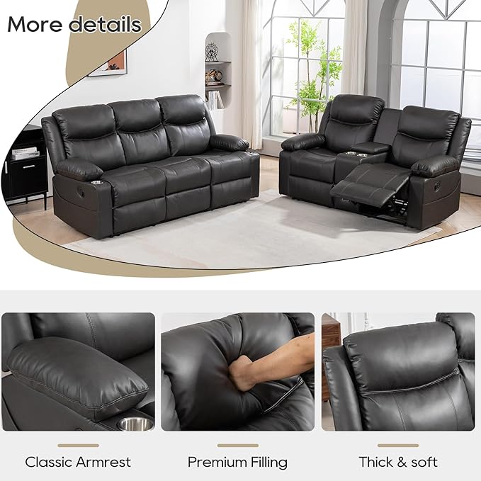 Recliner Sofa Set - Reclining Sofa Couch Set, 2 Pieces Recliner Furniture Sofa Set, 3-Seater Reclining Sofa & 2-Seater Reclining Loveseat with Massage & Heat for Living Room (Grey) | Side Pocket, Hidden Drawer, Cup Holder