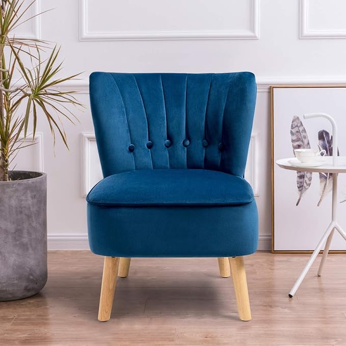 Giantex Modern Velvet Accent Chair, Small Upholstered Leisure Sofa Chair w/Wood Legs, Thickly Padded and Button Tufted, Armless Wingback Club Chairs for Living Room Bedroom Furniture (1, Blue)