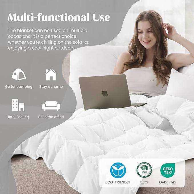 puredown® Soft Feather Down Blanket Lightweight Packable Down & Feather Fill Blanket for Indoor and Outdoor Use, Queen Size Blankets, 88"X90", Pure White