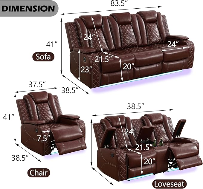 Power Recliner Sofa Set for Living Room, Leather Reclining Sofa Sets with Storage Console, Living Room Furniture Sets with LED Lights(Sofa and loveseat,Wine)