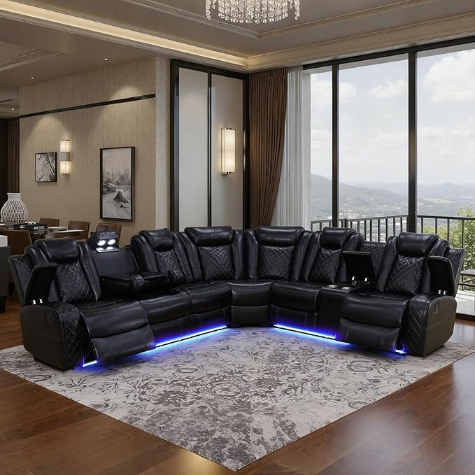 Power Leather Recliner Sectional Sofa with LED Light,L Shaped Reclining Couch with USB Charger/Cup Holder/Storage,Leather Sofa for Living Room Furniture Sets(Black,Sectional)