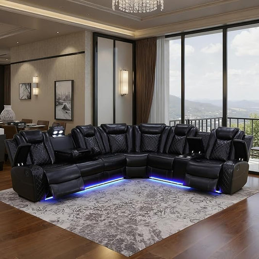 Power Leather Recliner Sectional Sofa with LED Light,L Shaped Reclining Couch with USB Charger/Cup Holder/Storage,Leather Sofa for Living Room Furniture Sets(Black,Sectional)