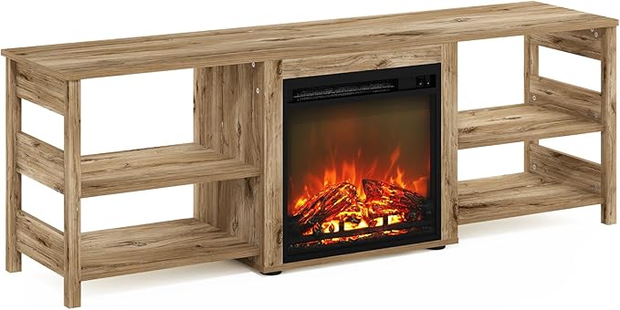 Furinno Classic Fireplace TV Stand, Entertainment Center, TV Console for TV up to 70 Inch with Fireplace, for Living Room, Bedroom, Flagstaff Oak