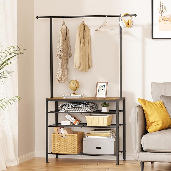 Hall Tree, Entryway Shoe Rack with Coat Rack, 5 Tier Adjustable Shoe Storage with 45.7" Long Coat Rack for Front Door, Garage, Closet, Freestanding, Industrial, Rustic Brown and Ink Black