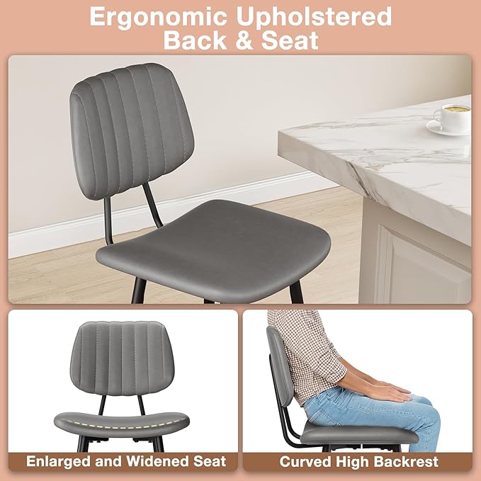 29-Inch Leather Bar Stools Set of 2, Counter Height Barstools with High Backrest，Bar Chairs for Kitchen Island with Heavy Duty Metal Base, Gray