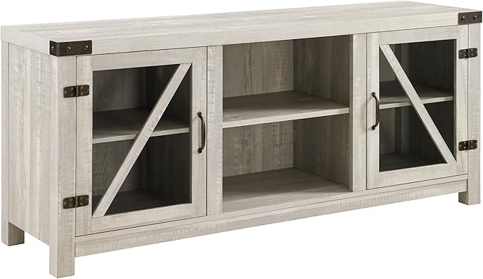 Walker Edison Wesley Modern Farmhouse Glass Door TV Stand for TVs up to 65 Inches, 58 Inch, Stone Grey, Without Fireplace