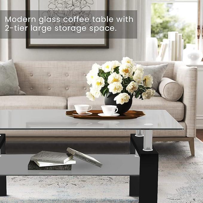 DKLGG Glass Coffee Table, Rectangle Center Table Living Room Tables with Lower Shelf, 2-Tier Modern Black Coffee Table w/Metal Tube Legs, Glass Tables for Living Room Waiting Area, All Black