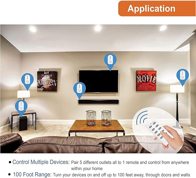 JTD 5X2 Wireless Remote Control Outlet Switch Smart Outlet Plug Energy Saving for Household Appliances, Lamp, Light, Fixture, Electrical Equipment, up to 100ft Long Range, Strong RF Signal (5 Pack)