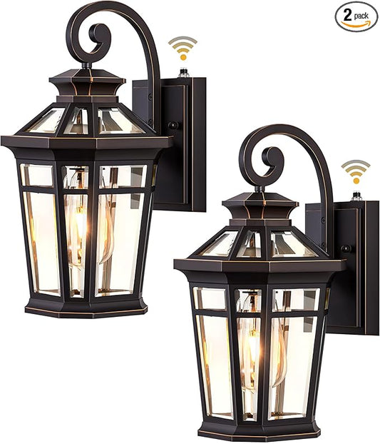 Outdoor Wall Lights Wall Mount, 2-Pack Front Porch Light Fixtures, Oil Rubbed Bronze Dusk to Dawn Exterior Lantern, Modern Patio Wall Sconce with Beveled Glass, Outside Garage Lights for Coach