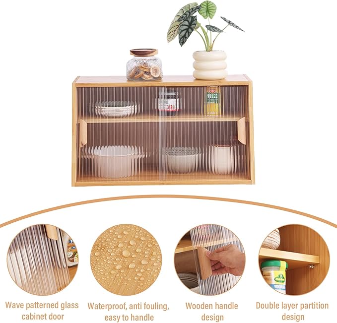 Tiita Small Kitchen Pantry Cabinet, Bamboo Sideboard with Glass Doors, Cupboard Food Pantry Cabinet for Kitchen, Living Room and Dinning Bedroom