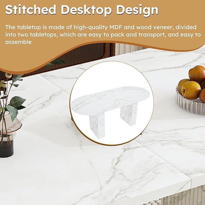 KEIKI 63" Oval Dining Room Table, Modern Farmhouse Dining Table for 6, Kitchen Table with Marble Top and Sturdy Wood Metal Base, Scratch Resistant Surface, White Marble