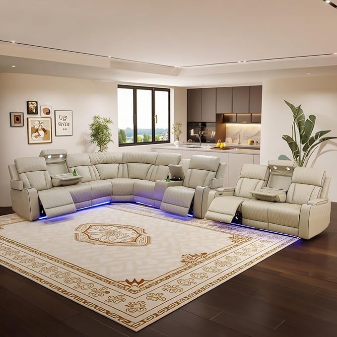 Power Leather Recliner Sectional Sofa with LED Light,L Shaped Reclining Couch with USB Charger/Cup Holder/Storage,Leather Sofa for Living Room/Home Theater(Beige,Sectional+3 Seats)