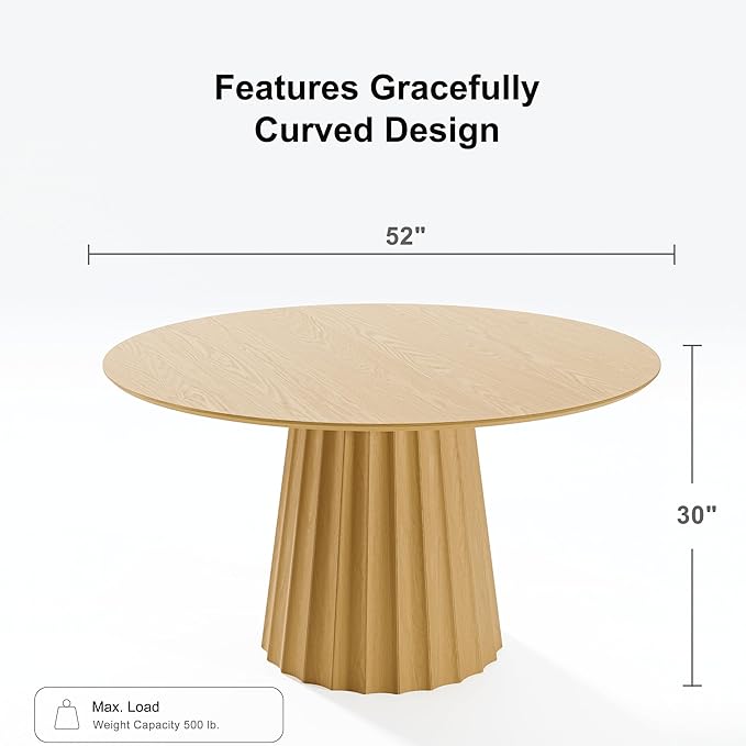 Casaphoria 52" Round Dining Table, Modern Wood Kitchen Table with Cone Shaped Strip Concave Base for Living Room & Dining Room, Easy Assembly Farmhouse Furniture for 4-6, Oak