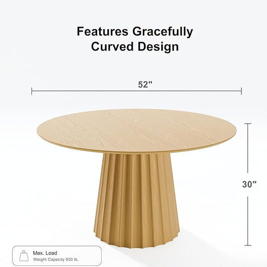 Casaphoria 52" Round Dining Table, Modern Wood Kitchen Table with Cone Shaped Strip Concave Base for Living Room & Dining Room, Easy Assembly Farmhouse Furniture for 4-6, Oak