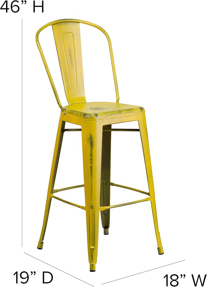 Flash Furniture Commercial Grade 30" High Distressed Yellow Metal Indoor-Outdoor Barstool with Back